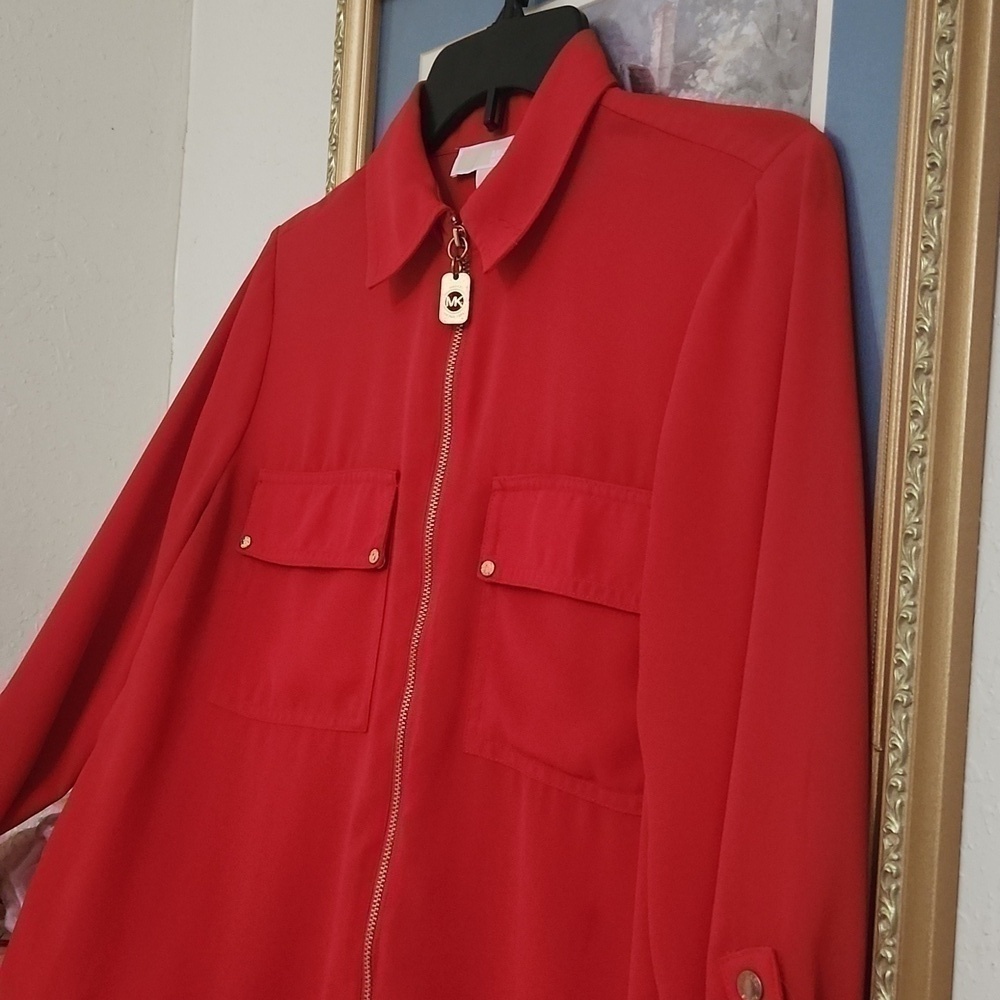 2for$10 Michael Kors Red Blouse Tunic Zipper Front Career Work Elegant Party - Picture 2 of 9